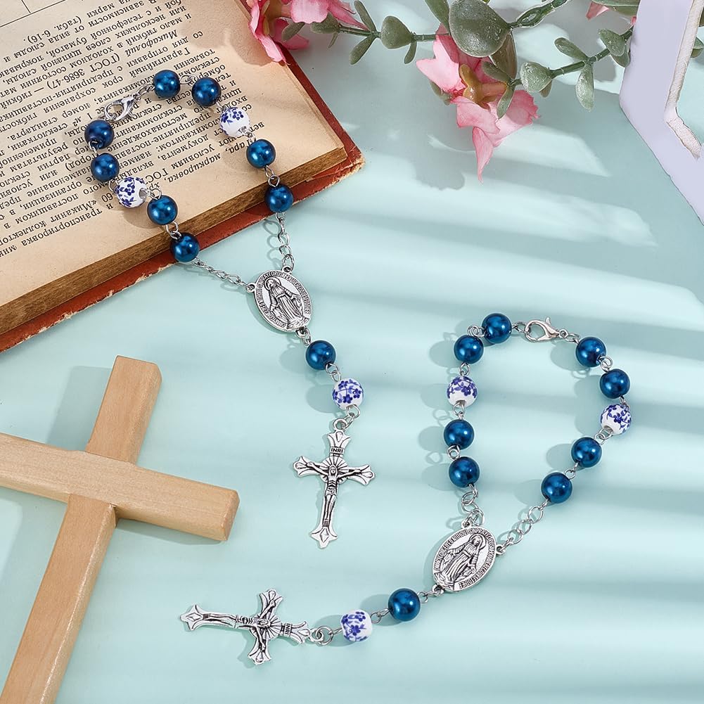 SUNNYCLUE 1 Box 2Pcs Rosary for Rearview Mirror Car Rosary Cross for Rear View Mirrors Antique Silver Crucifix Blue Glass Beads Blessing Personalized Hanging Accessories for Cars Bike Motorcycle Decor