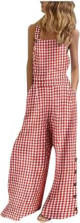 Buetory Womens Casual Plaid Loose Sleeveless Spaghetti Strap Wide Leg Pants Jumpsuit Rompers