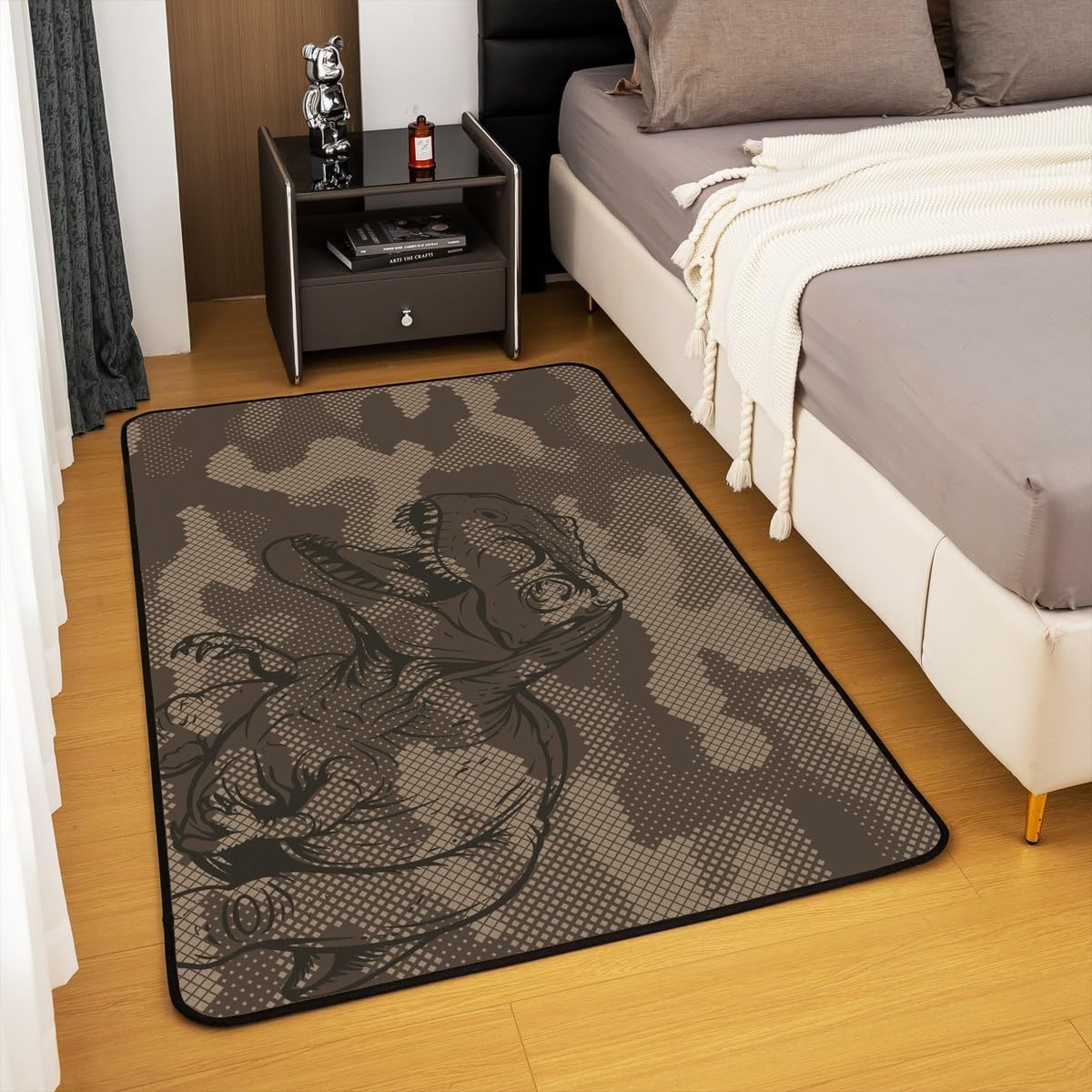 Rustic Farmhouse Style Area Rug,Camouflage Dinosaur Kid Boys Jungle Adventure Living Room Rugs for Kids Teens Adult,Wildlife Dinosaur Silhouette Non Slip Washable Decor Carpet 3'x5'x0.39''