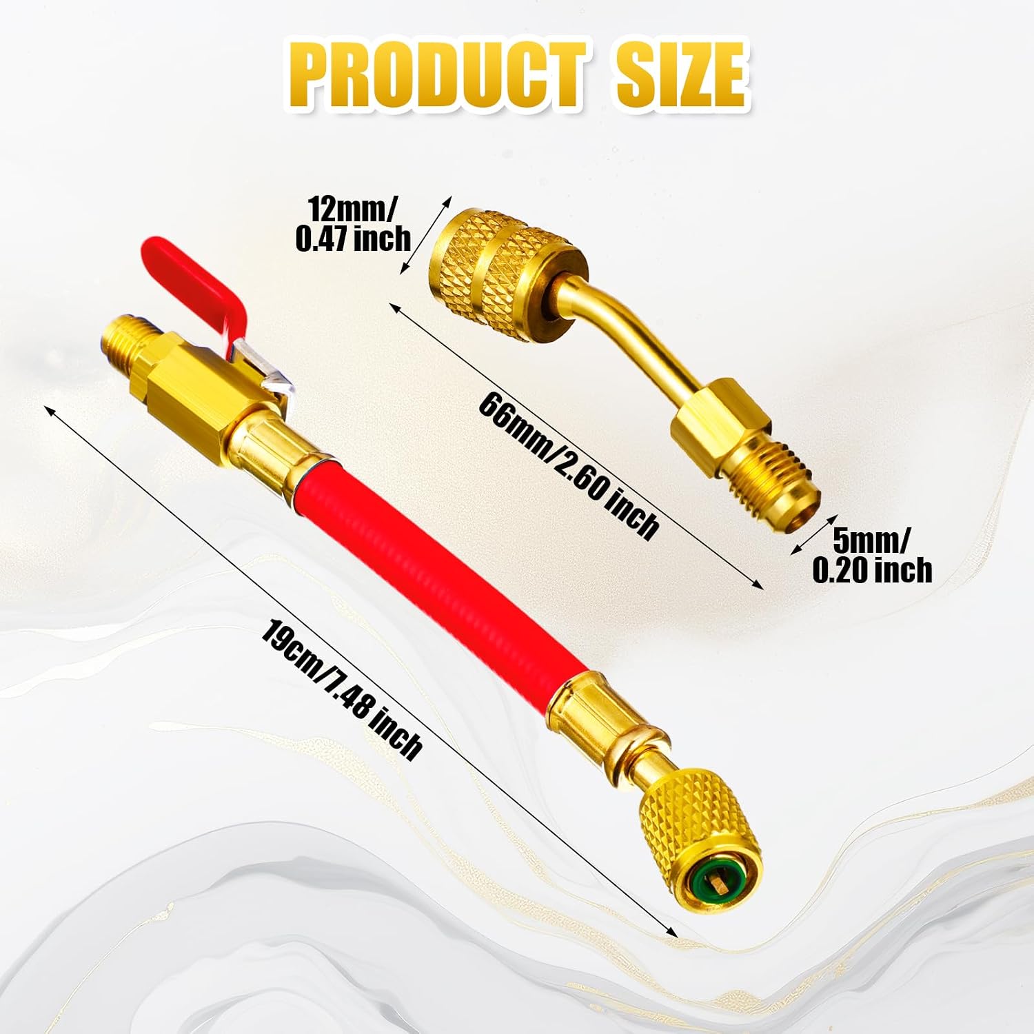 Mudder 7 Pcs R410a R134a R12 R22 Refrigeration HVAC Hoses with Ball Valves 1/4 Inch for Air Conditioning HVAC Adapter 5/16inch Female to 1/4inch Male Flare(Gold,3 Hose Globe Valve,4 Angle Adapter)