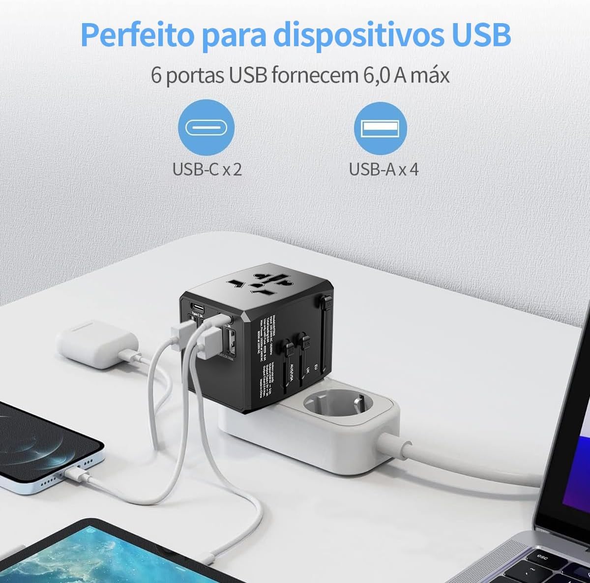 Carregador Universal com Adaptadores de Viagem, Adaptador de Tomada CA com Alimentação Inteligente de 6A 4 Portas USB A e 2 USB Tipo C de 3A para USA EU UK AUS(Bolsa de Viagem Incluída) Carregador Universal com Adaptadores de Viagem, Adaptador de Tomada CA com Alimentação Inteligente de 6A 4 Portas USB A e 2 USB Tipo C de 3A para USA EU UK AUS(Bolsa de Viagem Incluída)
