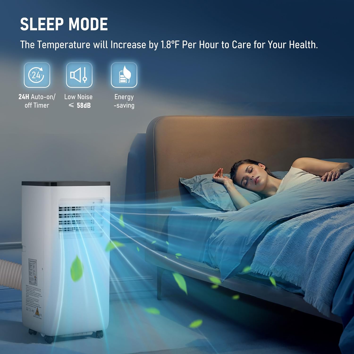 Person sleeping peacefully with the CURECURE Portable Air Conditioner operating in Sleep Mode