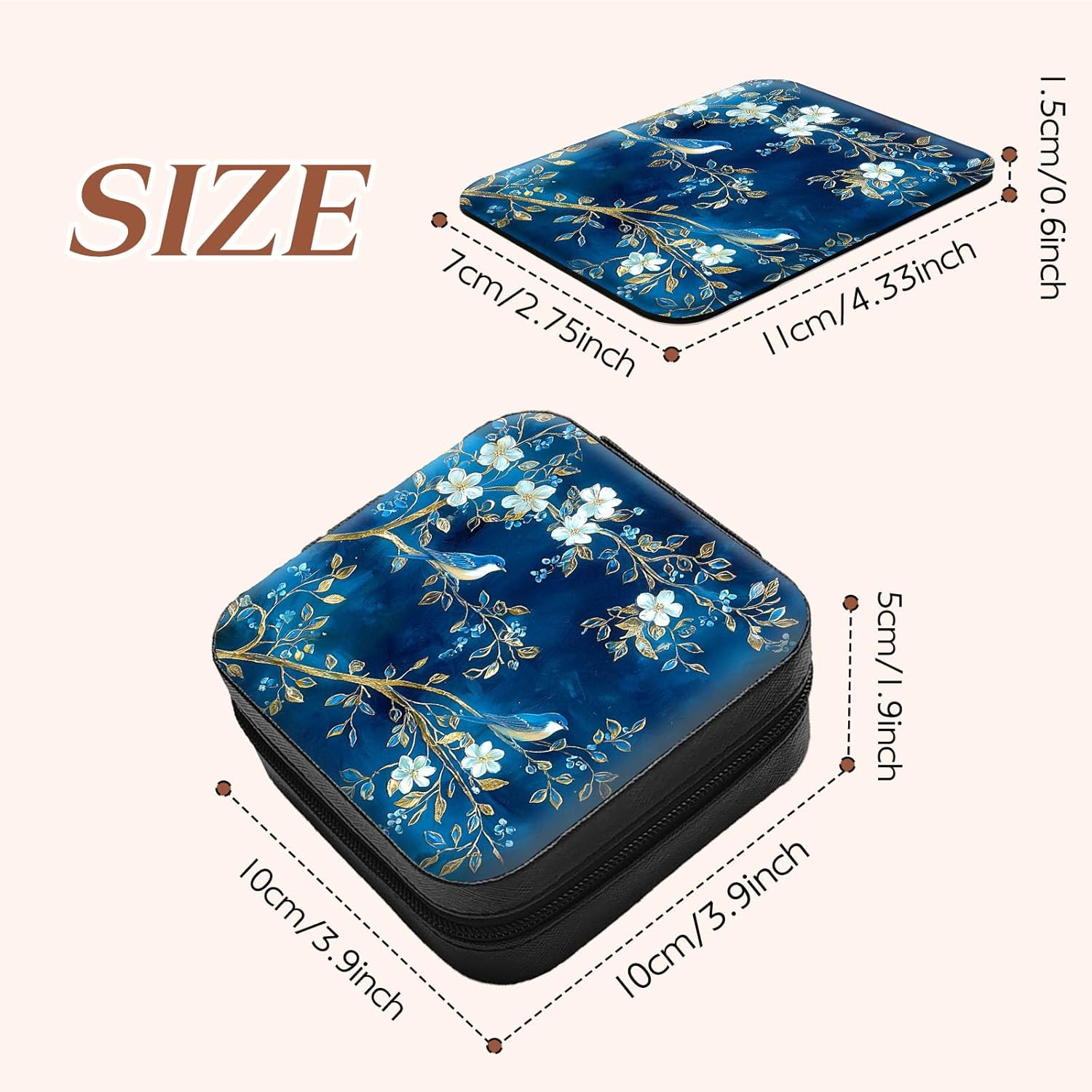 Travel Jewelry Case with Compact Mirror, Vintage Blue Birds Flowers Exquisite PU Leather Jewelry Boxes for Women, Best Gifts for People Who Travel - Dainty Jewelry Organizer