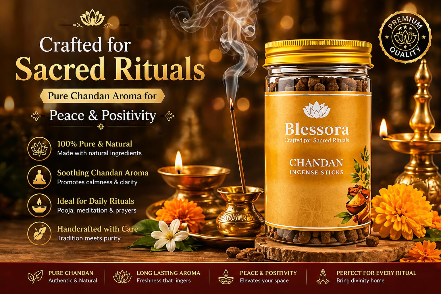 Blessora Incense Sticks - Chandan Bambooless Smokeless Agarbatti for Pooja Meditation & Home Fragrance (45 Sticks, 100g) 1