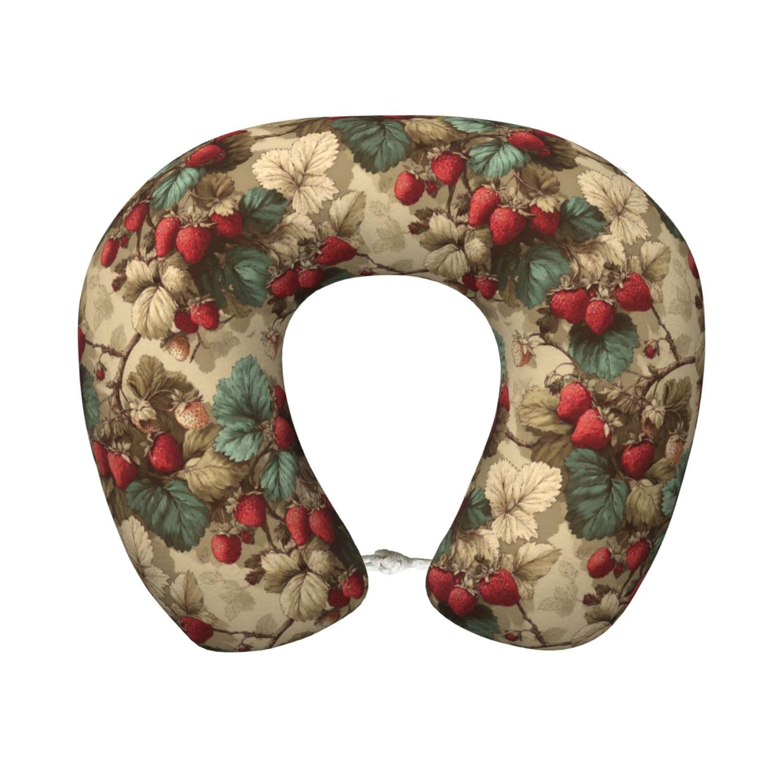 peiyeety Strawberry Print Travel Pillow Memory Foam, Portable Neck Pillow for Airplane, Car and Office