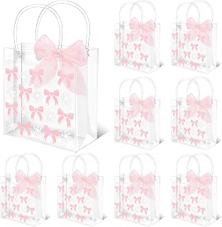 FYSUIMU 12 Pcs Winter Clear PVC Gift Bags with Handles Ribbon Pink Bow Snowflake Party Favor Bags Goodie Treat Tote Bag for Christmas Xmas Holiday Birthday Baby Shower Wedding Party Supplies