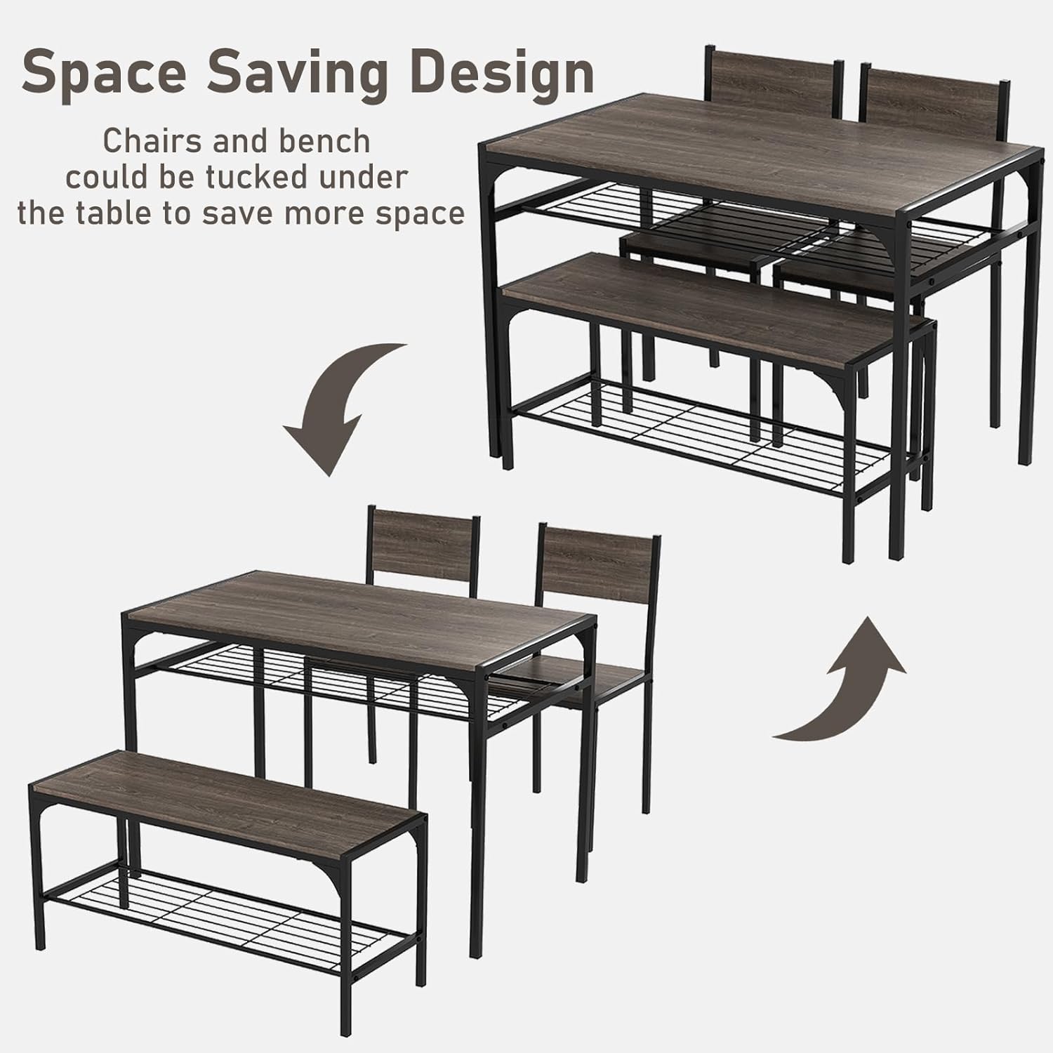 Dining Table Set for 4, Kitchen Table with Bench & 2 Chairs, Dinner Table Set with Storage Rack, Small Dining Set for Kitchen, Dining Room, Restaurant (Grey, 43’’W x 26’’D x 30’’H)