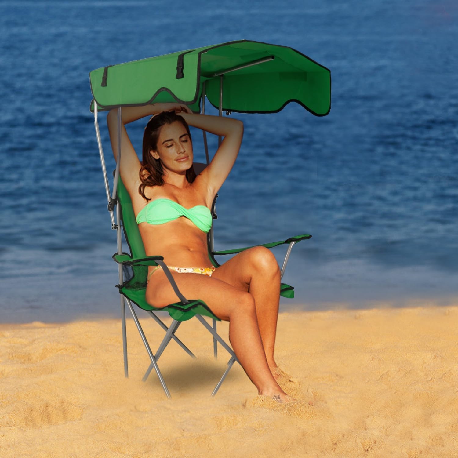 TeqHome Camping Chair with Canopy, Outdoor Folding Lounge Chair with Adjustable UPF 50+ Sun Shade & Cup Holder, Portable Camping Recliner for Camp Beach Outdoor Sports, 350LB Max Support - U.S Spot