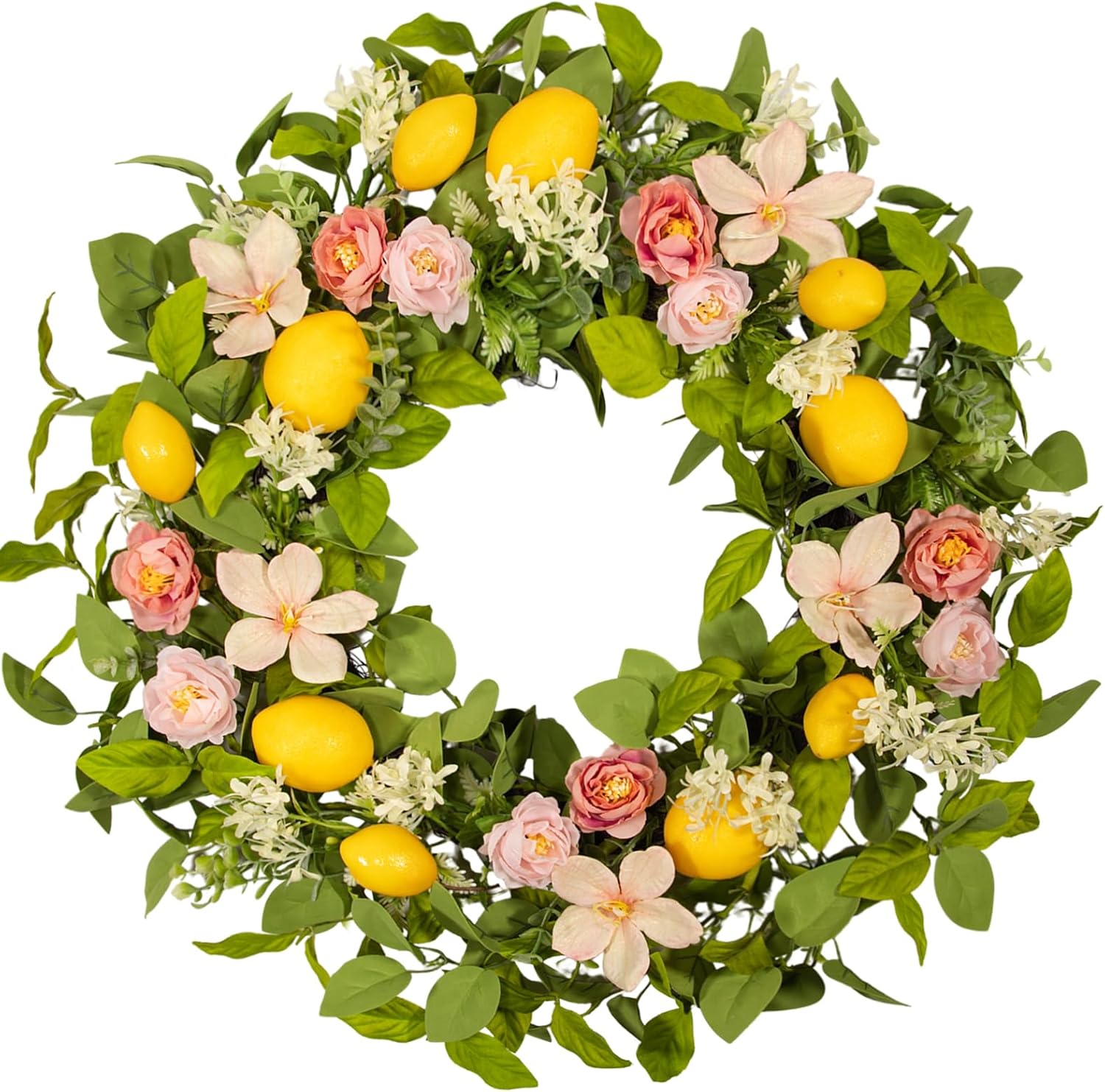 Lemon Eucalyptus Wreath for Front Door - 22 Inch Artificial Lemon Wreath with Fabric Leaves & Pink Camellias, Farmhouse Kitchen Decor, Spring Summer Welcome Wall Hanger