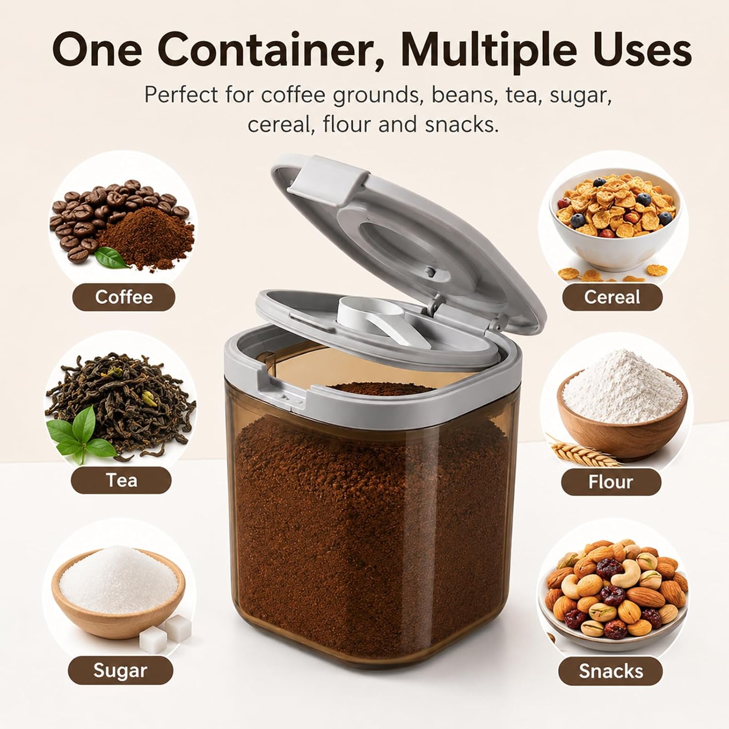 Airtight Coffee Canister with Scoop, 15oz Coffee Storage Container for Grounds Coffee and Beans, Amber-Tinted Kitchen Food Storage Jar for Tea, Sugar, Flour, Cereal, 1300ML