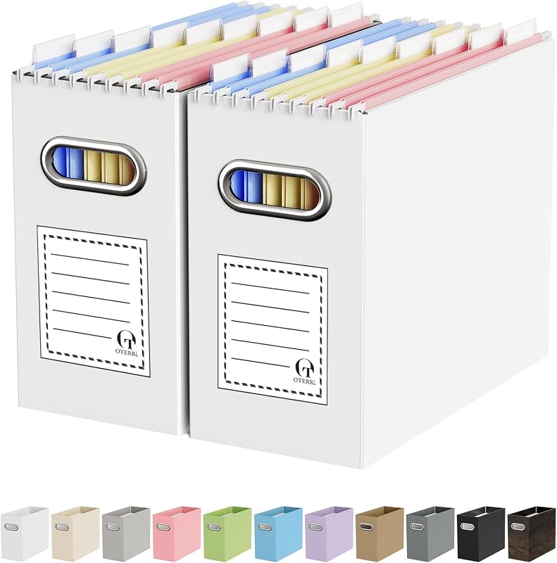 Portable Collapsible Cardboard File Box with Handle for Letter-Size | 2-Pack. Stainless Steel Handle. Label Stickers Included. Fits Letter Folders (Not Included). Home, Office, School, Dorm, Tax.