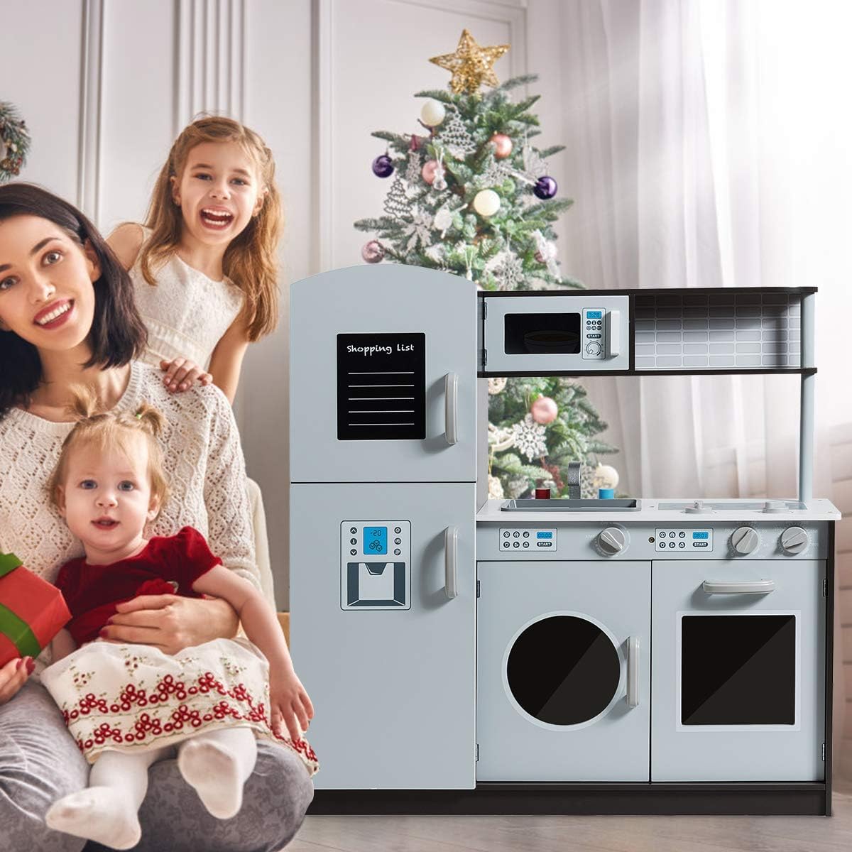 OLAKIDS Kids Kitchen Playset, Wooden Play Kitchen for Toddlers with Real Sounds, Microwave Oven Washing Machine Refrigerator Sink, Pretend Play Toys Cooking Gift for Boys Girls