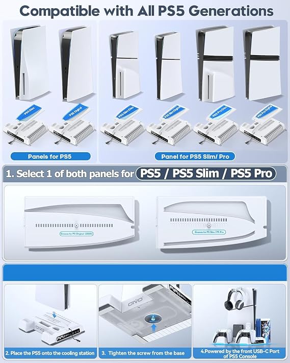 PS5/Slim/Pro Stand and Cooling Station with LED Controller Charging Station for PlayStation 5 Console, Controller Charger, Cooling Stand, PS5/Slim/Pro Skin Accessories Kit with 3 Level Cooler Fan