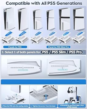PS5/Slim/Pro Stand and Cooling Station with LED Controller Charging Station for PlayStation 5 Console, Controller Charger, Cooling Stand, PS5/Slim/Pro Skin Accessories Kit with 3 Level Cooler Fan