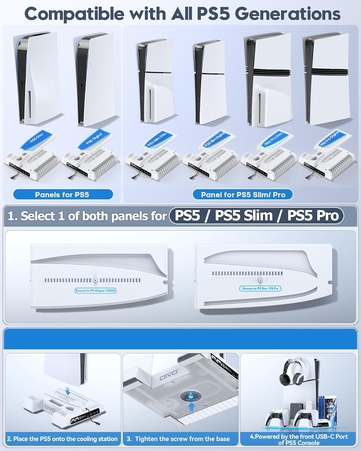 PS5 PS5 Slim Ständer mit 3-stufigem Lüfter und RGB Licht, Standfuß mit 3 USB Ports, Controller Ladestation, Headset Halter, 14 Spiele Aufbewahrung