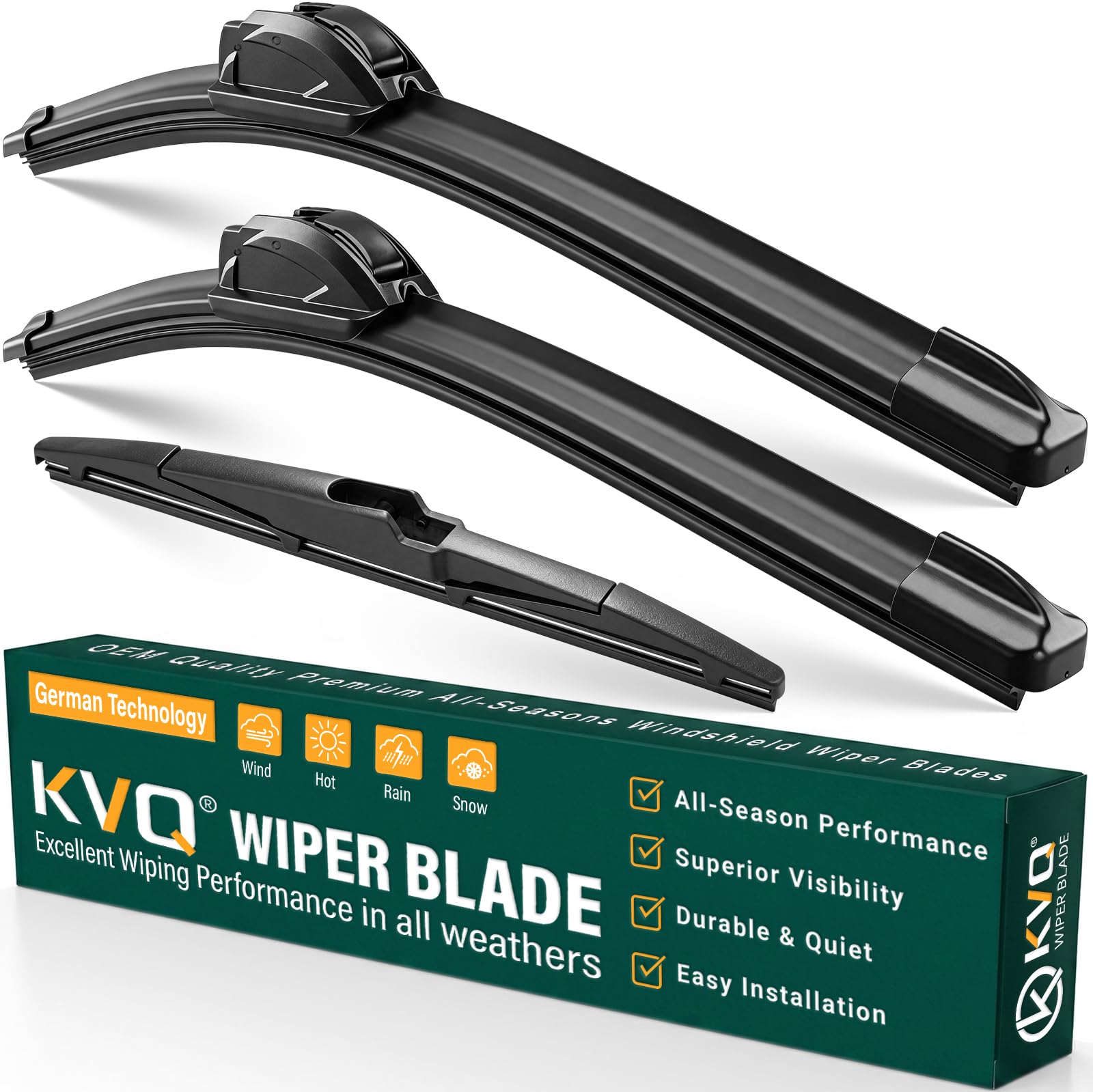 KVQ Windshield Wiper Blades Replacement for Kia Sportage 2017-2022, Kia Sorento 2016-2020, Hyundai Santa Fe 2019-2023 Original Factory Quality Front Rear Wiper Blade Set - 26" 16" 11" (Set of 3)