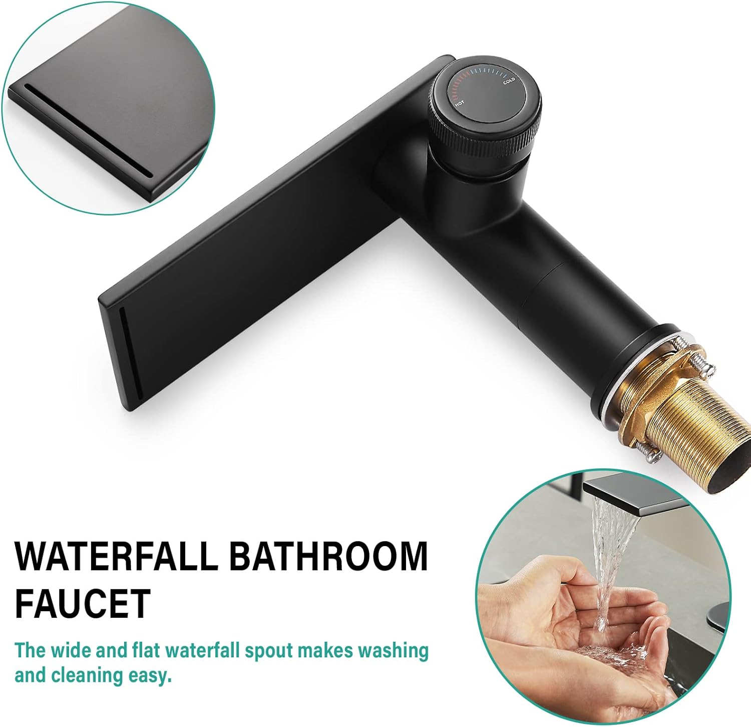 becola Modern Bathroom Sink Faucet，Black Bathroom Faucet，Waterfall Faucet for Bathroom Sink，Single Hole Cold and Hot Vanity Faucet，Single Handle Vessel Sink Faucet with Adjust Knobs and Deck Plate - Image 3