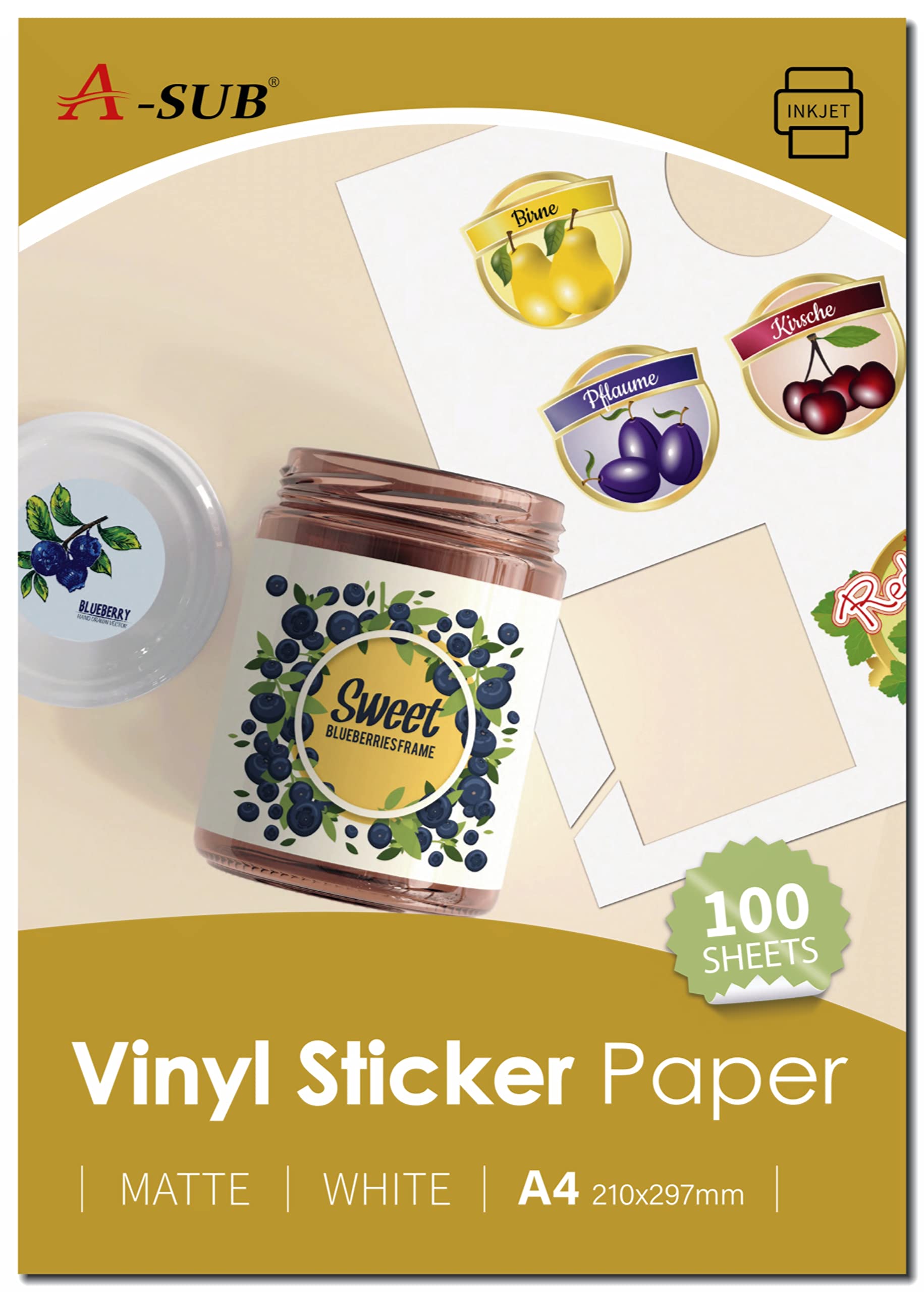 A-SUB Papier autocollant vinyle imprimable imperméable blanc mat A4 100 feuilles