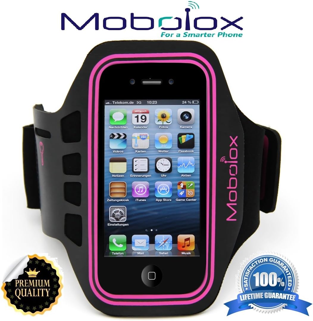 MOBOLOX M5 Sports, Running, & Jogging Armband - For Your Apple iPhone SE, iPhone 5s/5c/5 & iPod Touch 5G - Premium Material and Stitching - Sweat Resistant, Washable, Breathable Padding, Key Holder, Light Weight & Adjustable - For Men and Women - Pink Frame