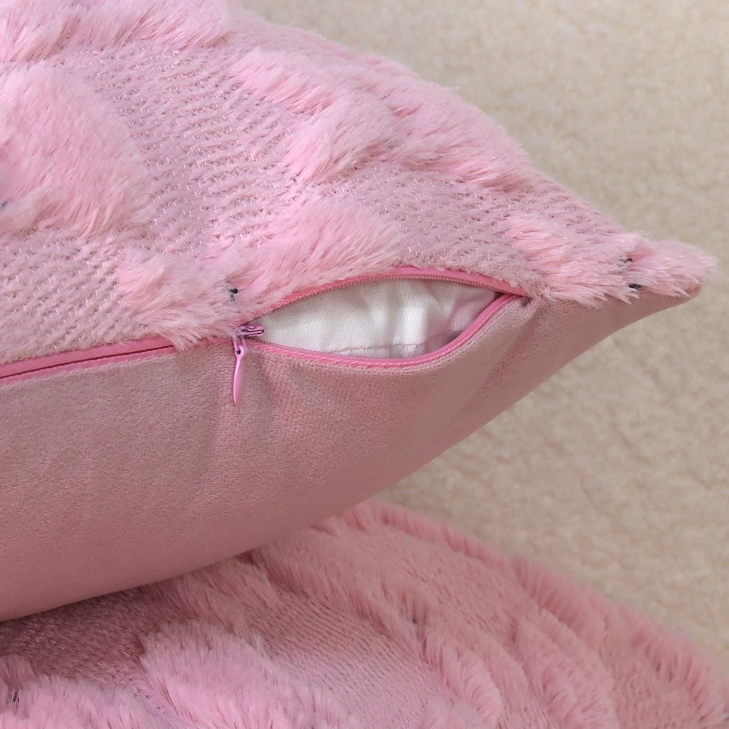 Yuubin Easter Bunny Pillow Covers 18x18 Set of 2,Rabbit Soft Plush Faux Fur Pink Spring Throw Pillow Cases for Home Decorations Sofa Bedroom Living Room Couch Bed Decor image 3