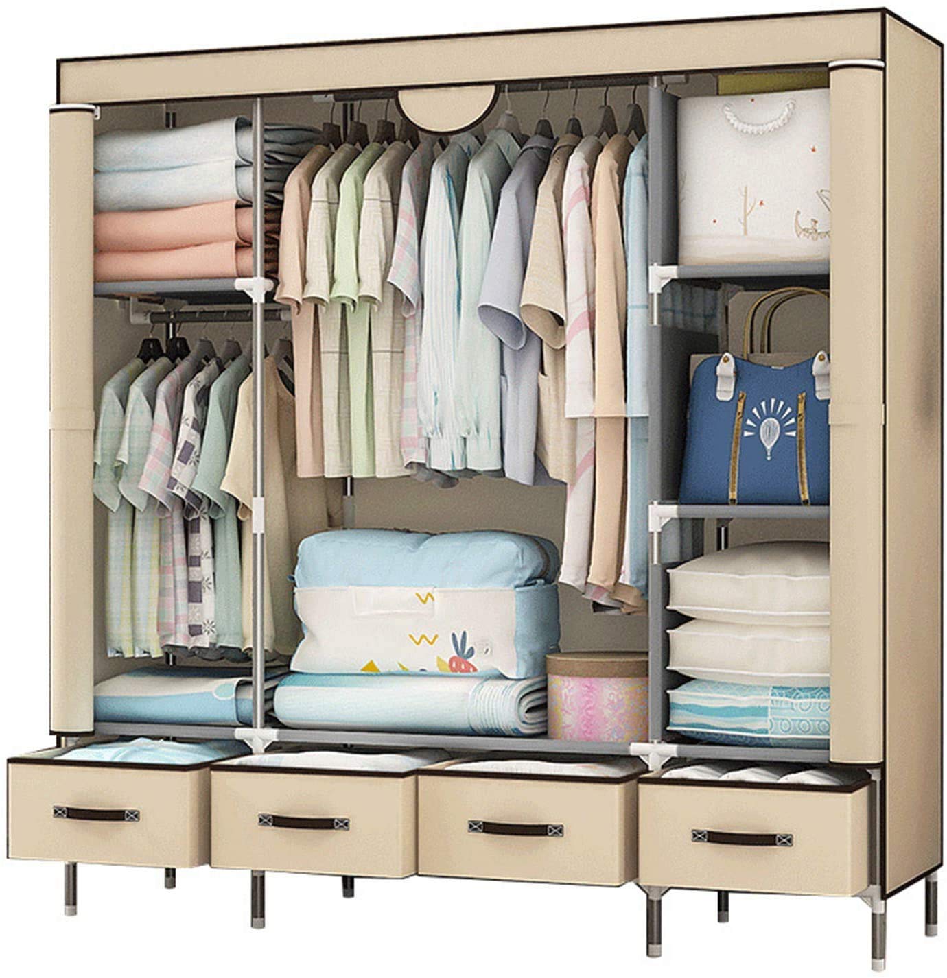 Anmas Power Canvas Wardrobe with 4 Drawers, Light Coffee | Multi-Functional Clothes Storage with Hanging Rail and Shelves, Durable and Space-Saving, 150X45X170CM