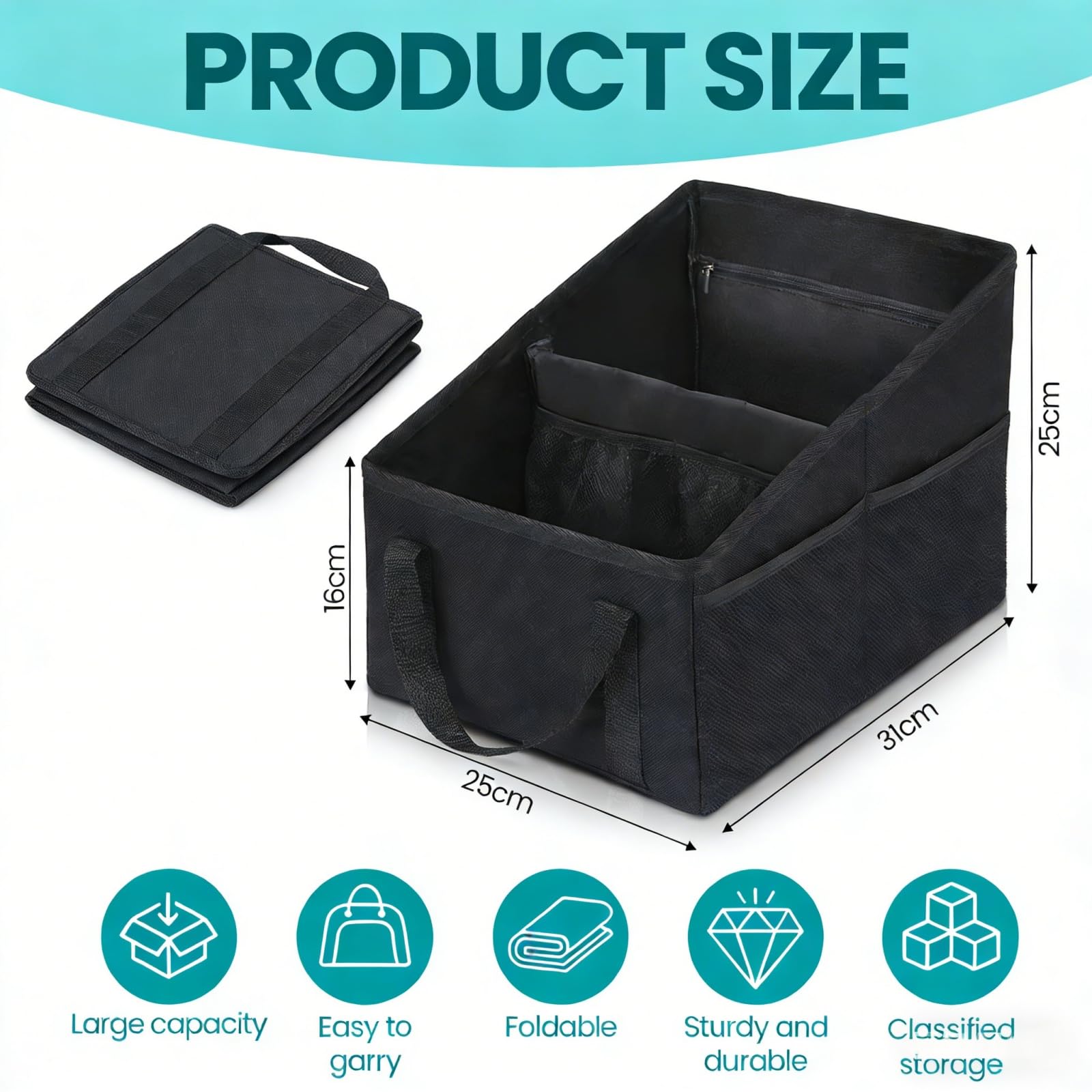 Organizer Auto, Pieghevole Organizzatore Sedili Auto Organizer Auto con Frazioni Regolabile e Maniglie Doppie Organizer Bagagliaio Auti Organizer Auti per Sedile Anteriore/Posteriore/Pavimento