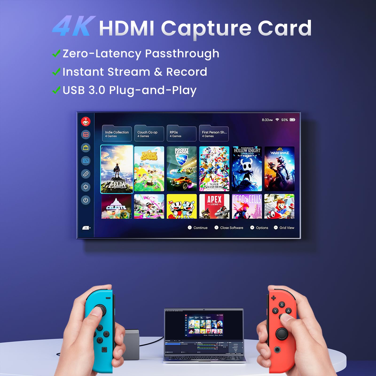 Papeaso Carte de Capture HDMI 4K, 1080P 60FPS USB 3.0 Appareil de Capture Vidéo pour Streaming, Compatible avec Switch, PS5, PS4, Xbox, Caméra, PC
