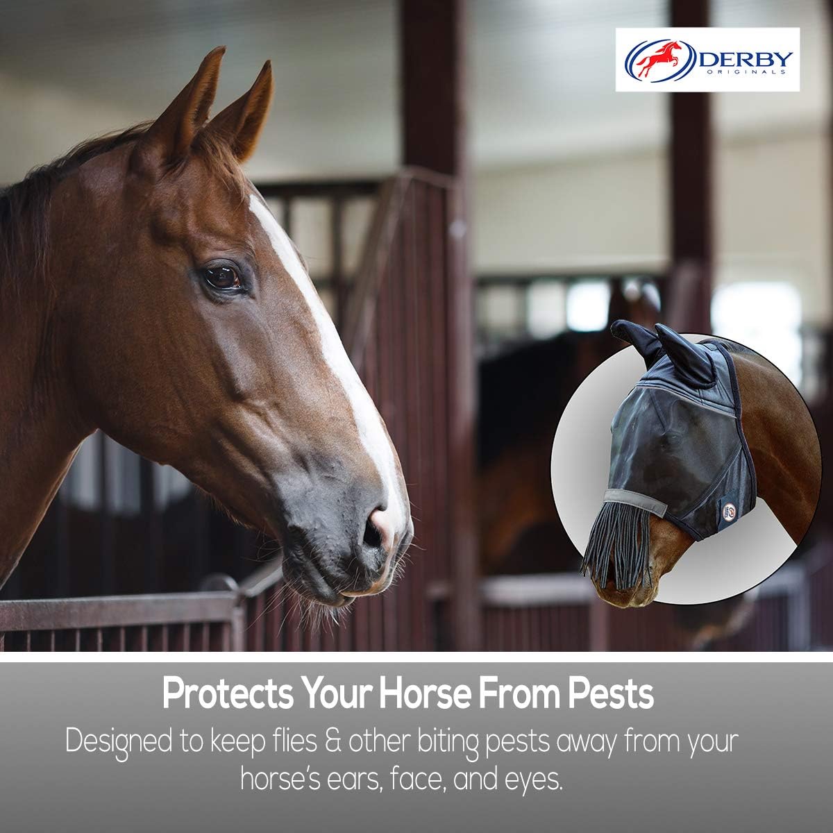 Derby Originals Reflective Safety Horse Fly Mask with Ears and Nose Cover Fringes,White,Full Horse (Large),72-7181WH-L