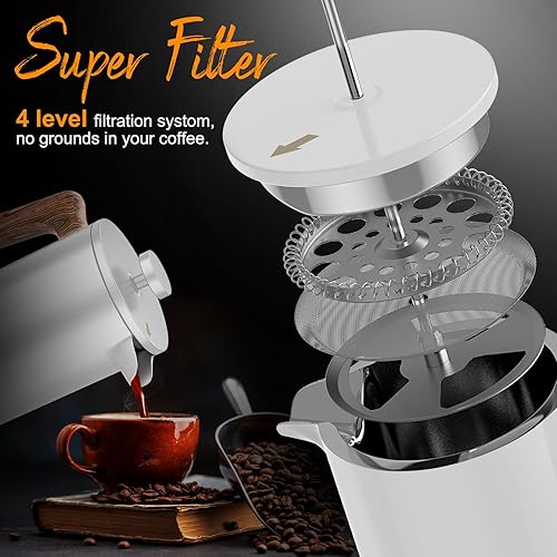 Miniatura 2 de IKAPE Cafetera de prensa francesa, cafetera y té espresso de acero inoxidable 304 de 34 onzas con sistema de filtración de 4 niveles (blanco)