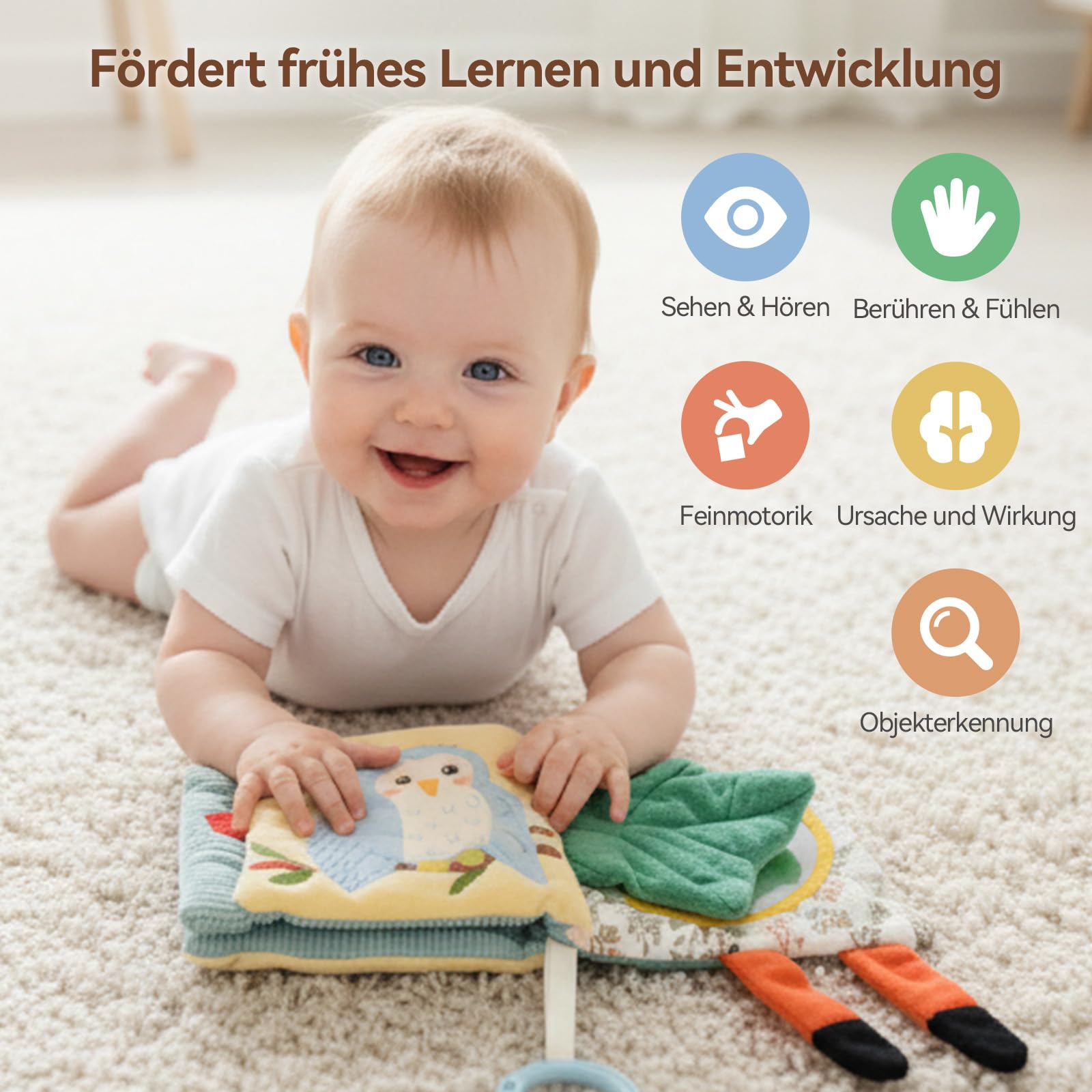 WOODEN TEETHER Livre de bébé en tissu avec miroir, jouet pour bébé de 0 à 6 mois - Livre sensoriel interactif - Livre d'or crépitant pour bébé - Cadeaux pour nouveau-né - Éléphants