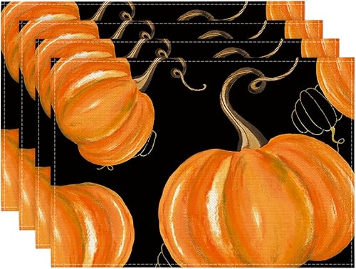 Artoid Mode Juego de 2 manteles individuales de otoño de 12 x 18 pulgadas con diseño de calabazas negras para decoración de fiestas, cocina, comedor