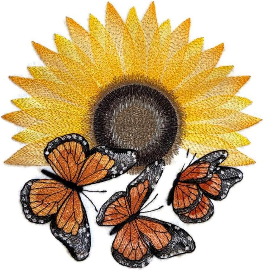 Custom and Unique (Flourish to Flutter - Sunflower & Monarch) Blooms Flower Embroidered Iron on/Sew Patch [ 5.55"(w) x 7.79"(h) ]