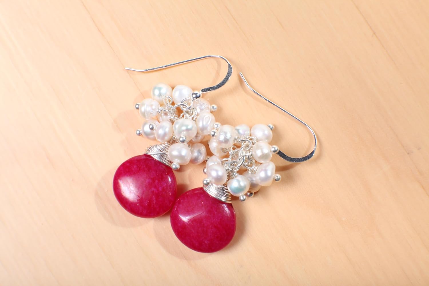 Freshwater Pearl Cluster with Hot Pink Fuchsia Quartz Heart Shape 15mm Teardrop Wire Wrapped Dangling Earrings in 925 Sterling Silver Earwire, Handmade Gift - Image 6