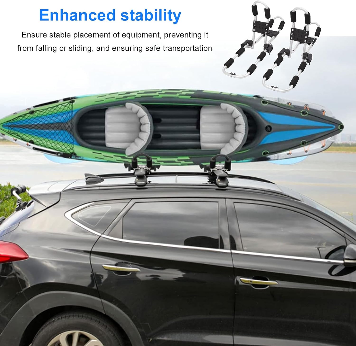 Asixxsix 2 Pair Kayak Roof Rack, Aluminum Alloy Double Sided J Bar Carrier Holder, Folding Adjustable Rooftop Mount Kayak Carrier for Car SUV Canoe Surfboard Paddleboard