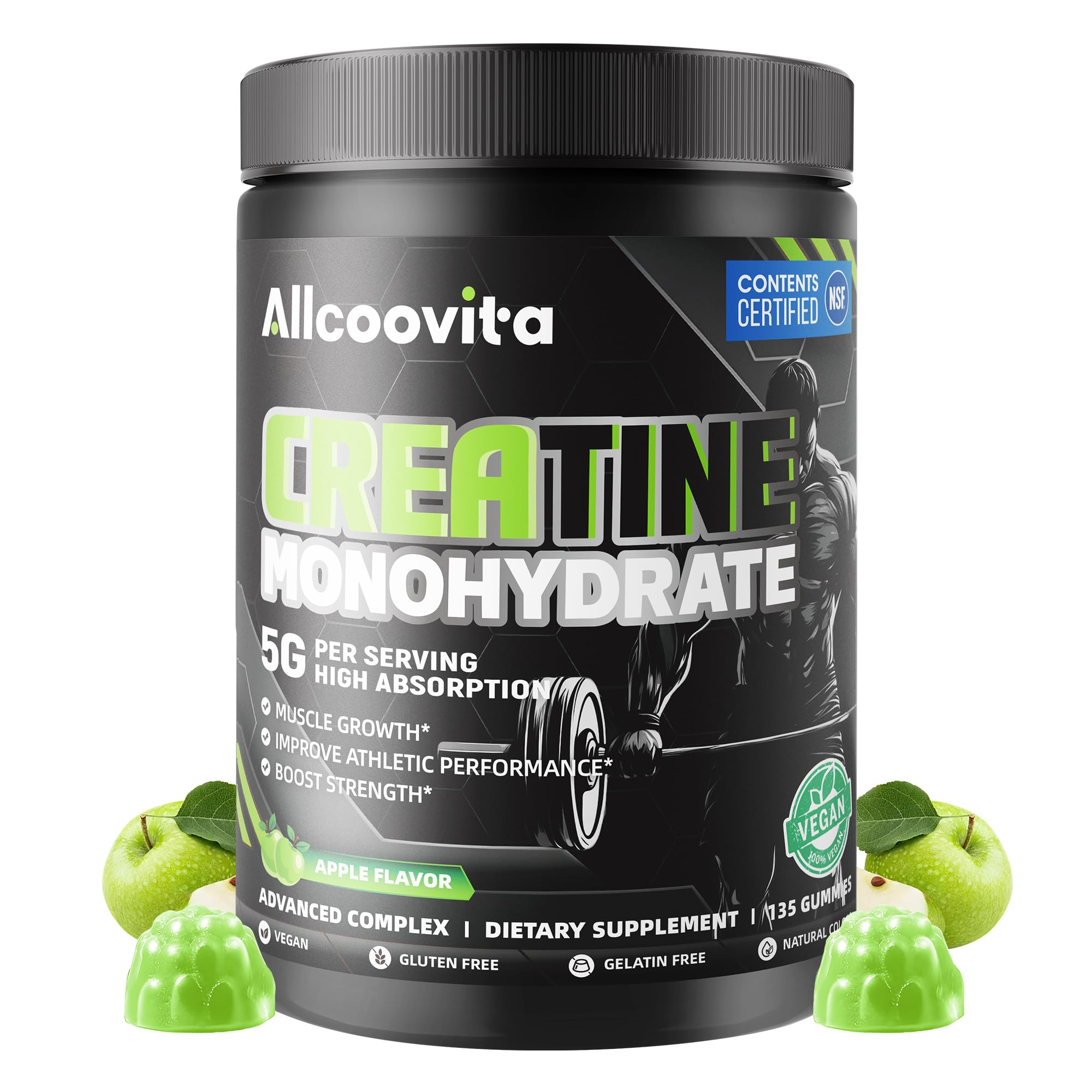 NSF Certified Creatine Monohydrate Gummies for Men &Women (Apple 135 ct) Apple 135 Count (Pack of 1)