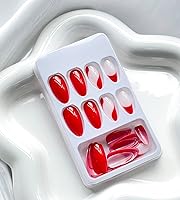 Vista 5 de Uñas postizas a presión medianas de almendra SWEKKE francesas, uñas postizas rojas de cobertura completa con diseños de remolinos, uñas postizas