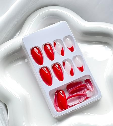 Miniatura 5 de Uñas postizas a presión medianas de almendra SWEKKE francesas, uñas postizas rojas de cobertura completa con diseños de remolinos, uñas postizas
