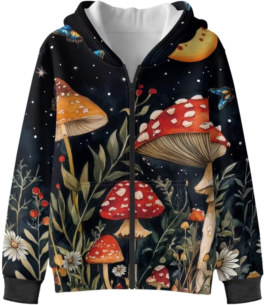Mushroom Kids Sweatshirts Zip up Hoodie Loose Fitting Sportswear Casual Sportswear for School Travel Exercise