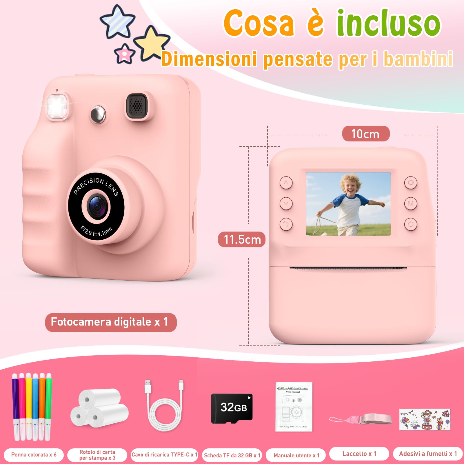 Macchina Fotografica Bambini Istantanea, 2.4" HD Fotocamera Bambini Regalo Bambina 3-10 Anni Macchina Fotografica Digitale Giochi Bambina 3-8 Anni Fotocamera Istantanea Regalo Natale