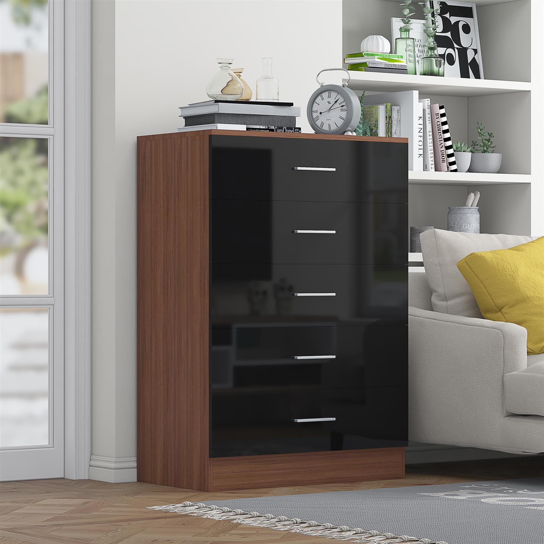 Reflect Tallboy 5 Drawer Chest | Black Gloss & Walnut | Modern Vertical Bedroom Storage Unit | H: 100cm x W: 70cm x D: 40cm โ image 1