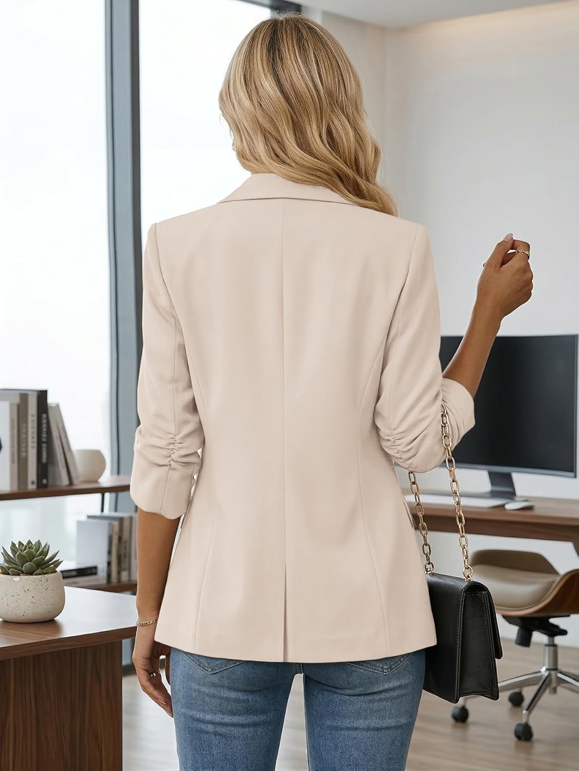 Mina Self 2026 Summer Women's 3/4 Ruched Sleeve Blazer - Lightweight Breathable Lined Casual Work Office Jacket with Pockets