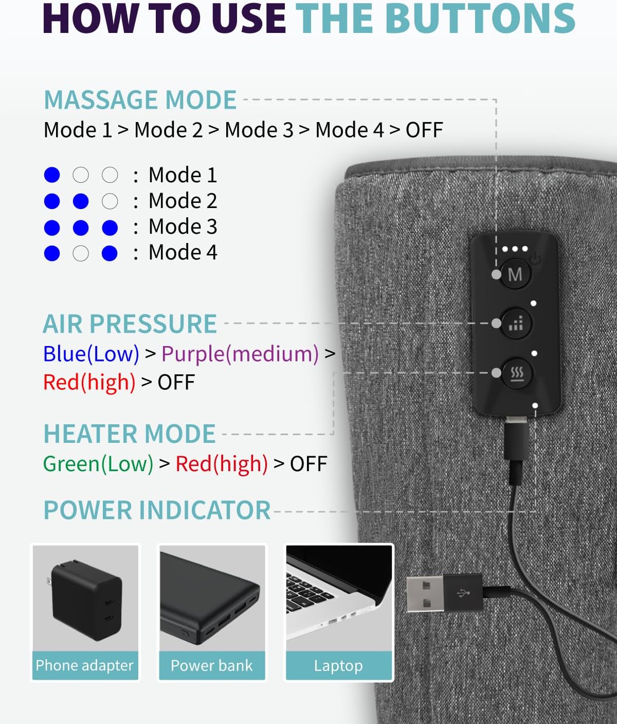 Wireless Leg Massager - Air Compression Cordless Calf Massager with Heat for Circulation, Pain Relief, and Recovery, 4 Modes & 3 Intensities, Portable and Adjustable (Gray, Set of 2) - Image 7