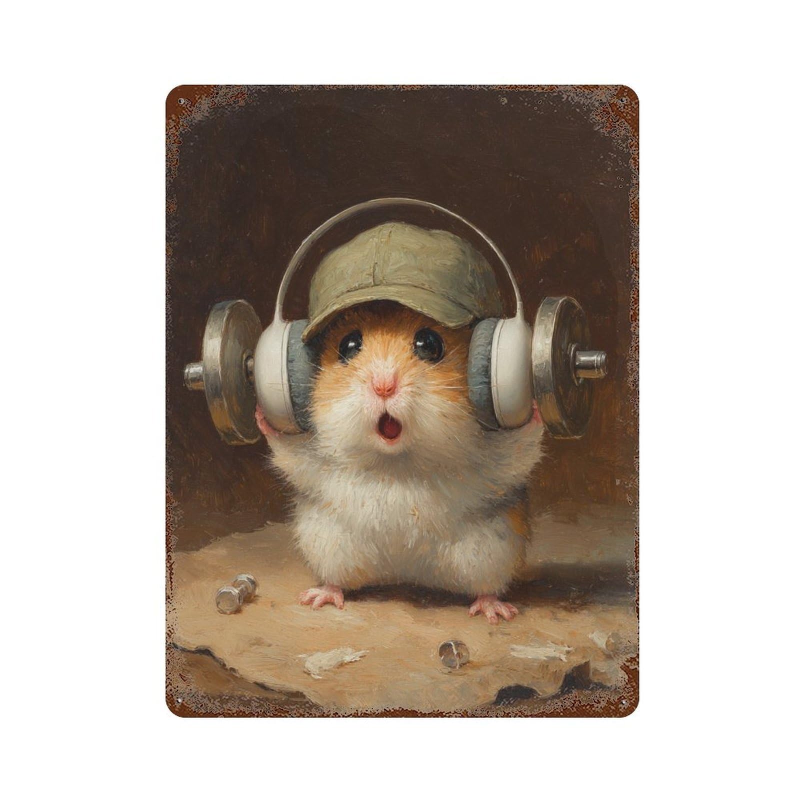 Hamster with Headphones Vintage Rust Metal Sign 15.7"x11.8", Classic Wall Plaque for Basement, Hobby Room And Garage Decor