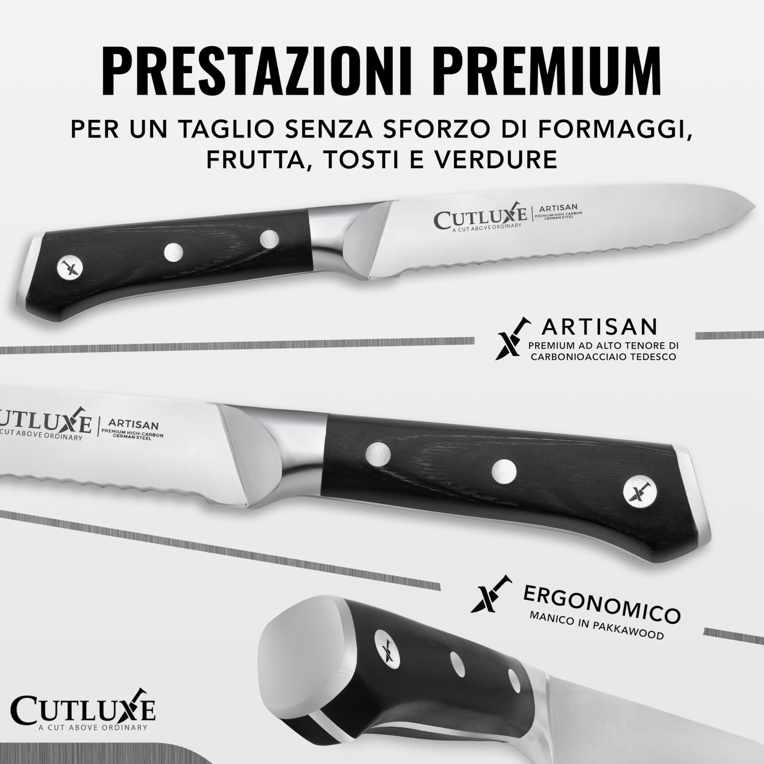 Cutluxe Seghettato Coltello Universale - 13 cm Coltello da Cucina Professionale - Coltello Pomodoro - Coltello Verdure - Acciaio Tedesco al Carbonio Forgiato - Impugnatura Ergonomica - Serie Artisan
