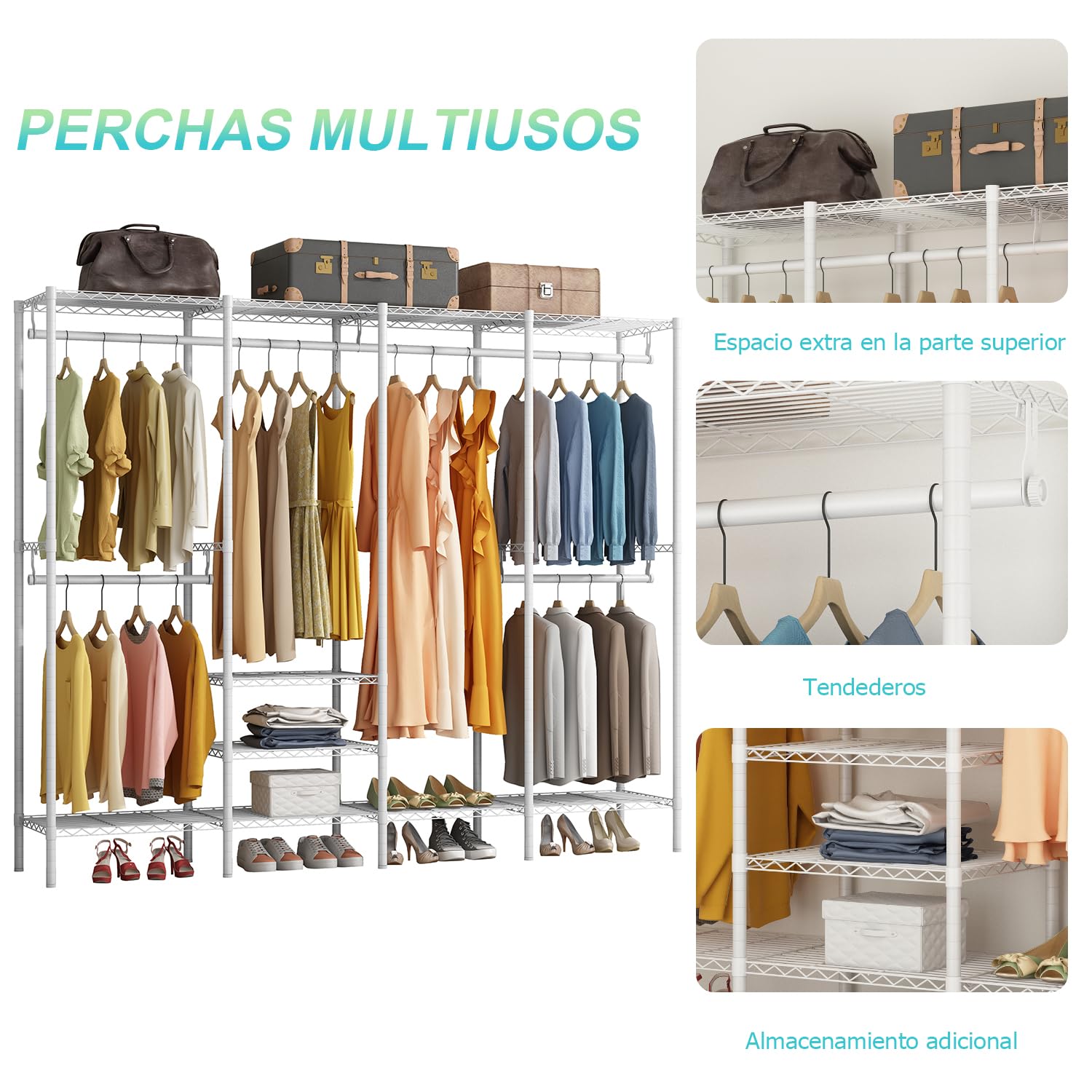 Perchero Burro Ropa Resistente - Organizador de Closet con Barra para Colgar Ropa | Soporte 900 LB | Dimensiones 192x40x193 cm | Perchero Robusto para Armarios y Habitaciones(blanco)