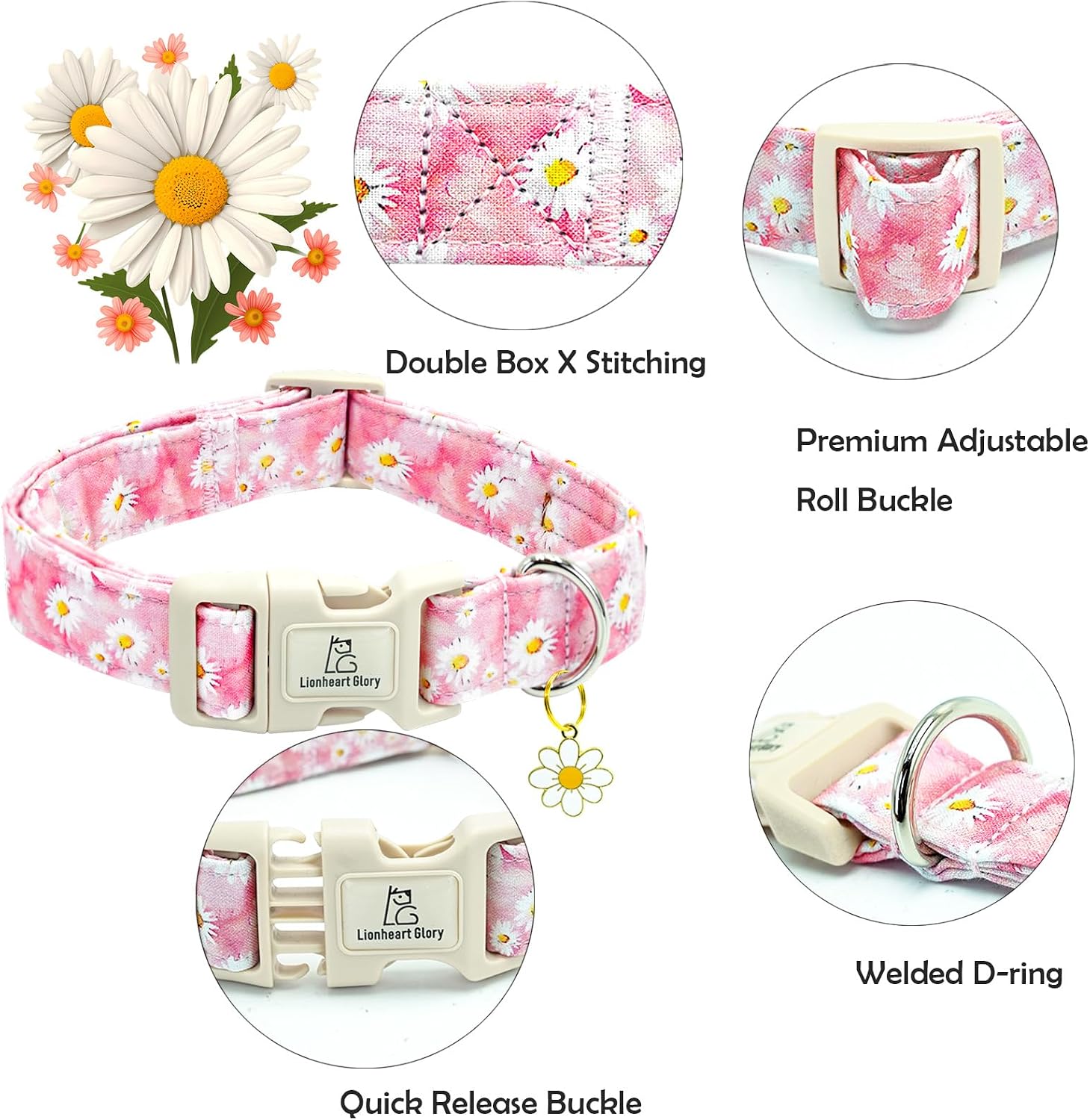 Lionheart glory Dog Collar-Pink Floral Pattern Dog Collar Cute Flower Dogs Collars Female Heavy Duty Adjustable Collars for Large Dogs Pet Summer Spring image 2