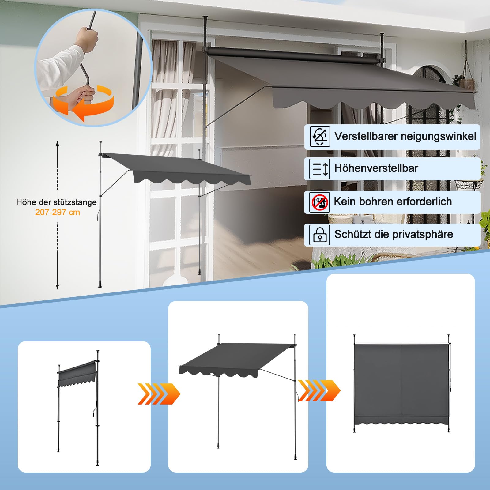 AXT SHADE Klemmmarkise 300cm Breit mit Handkurbel, Markise Balkon Ohne Bohren, Balkonmarkise UV-beständig Höhenverstellbar Wasserdicht & Sonnenschutz für Balkon Terrasse Garten-Anthrazit