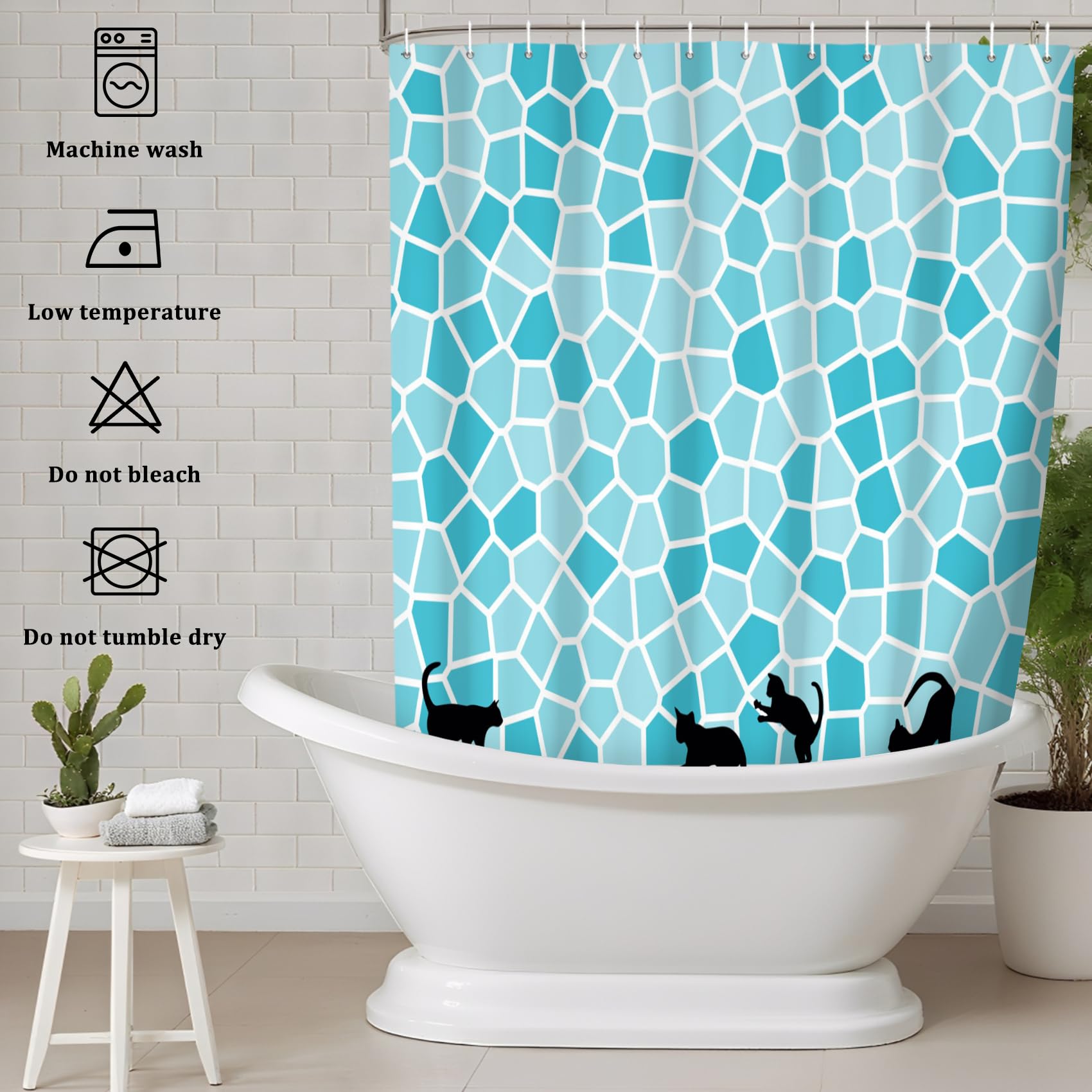 Ttincceer 180x180cm Black Cat Shower Curtain Cute Animal Kitten Silhouette Shower Curtain Set Blue Mosaic Funny Pet Bath Curtain Waterproof Bathtub Curtain - Image 3