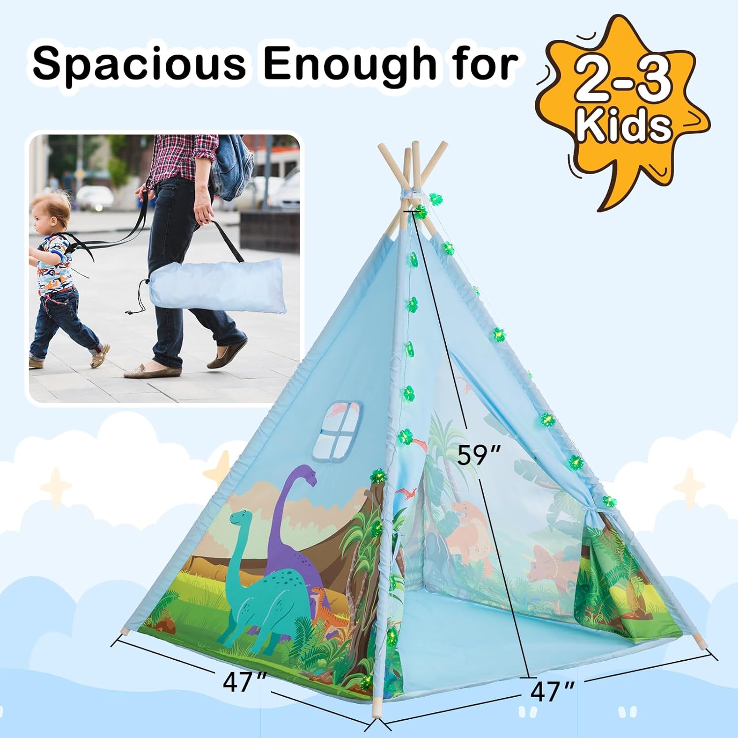 Teepee Tent for Kids, Toddlers Dinosaur Play Tent with LED String Lights, Foldable Children Teepee Tent Toy w/Storage Bag, Indoor Outdoor Pretend Playhouse Gift for Boys Girls Ages 3+