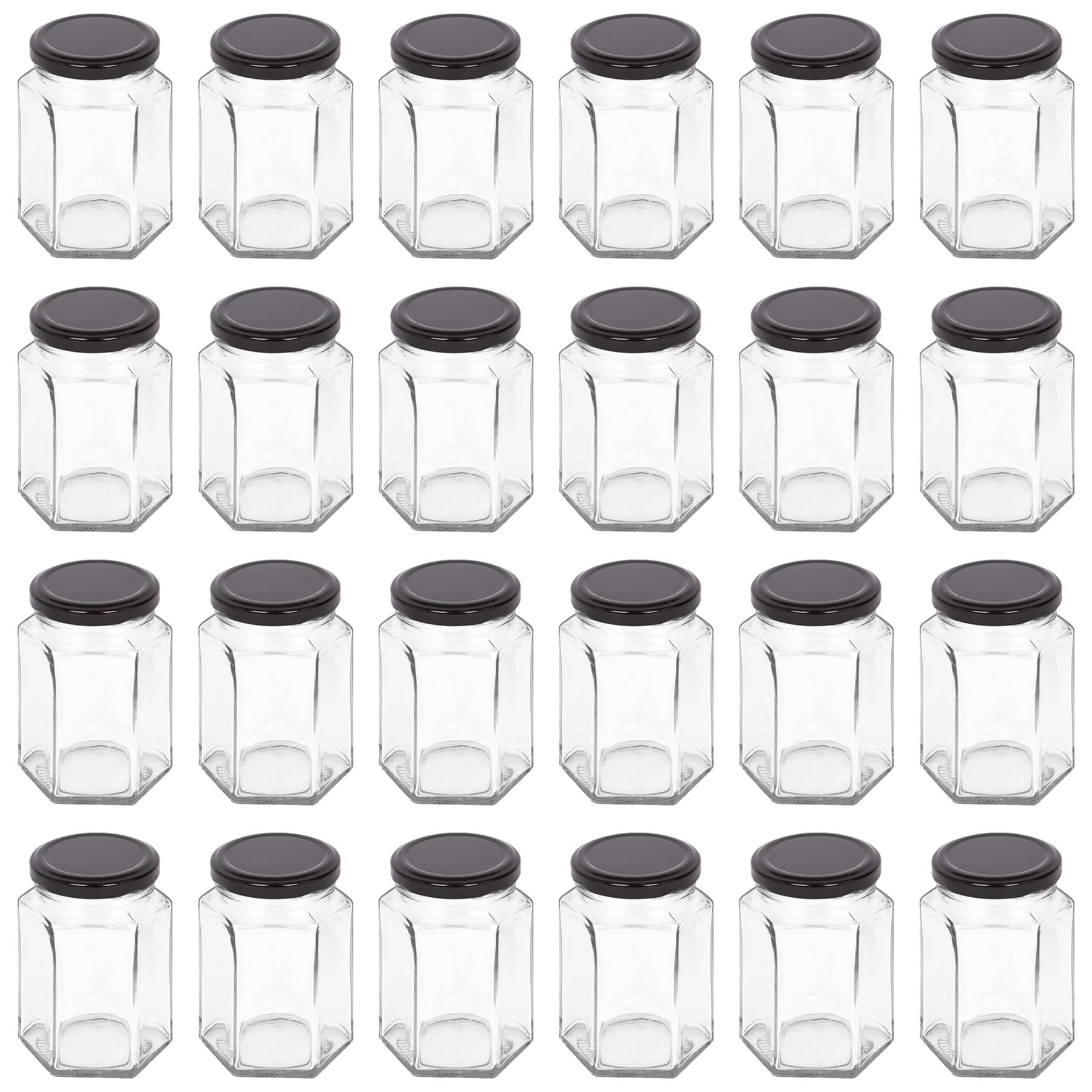 Argon Tableware 250ml Hexagonal Glass Jam Jars with Black Lids - 24x Empty Screw Top Kitchen Food Honey Spice Chutney Preserving Canning Storage Jar Container Glasses Set